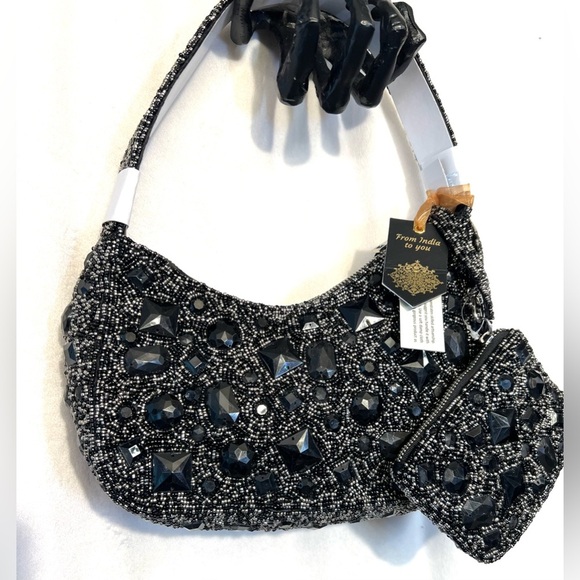 🖤🩶🖤 MADE IN INDIA BEAUTIFUL Black Beaded Shoulder Bag With Coin Purse🖤🩶🖤NWT - Picture 8 of 17